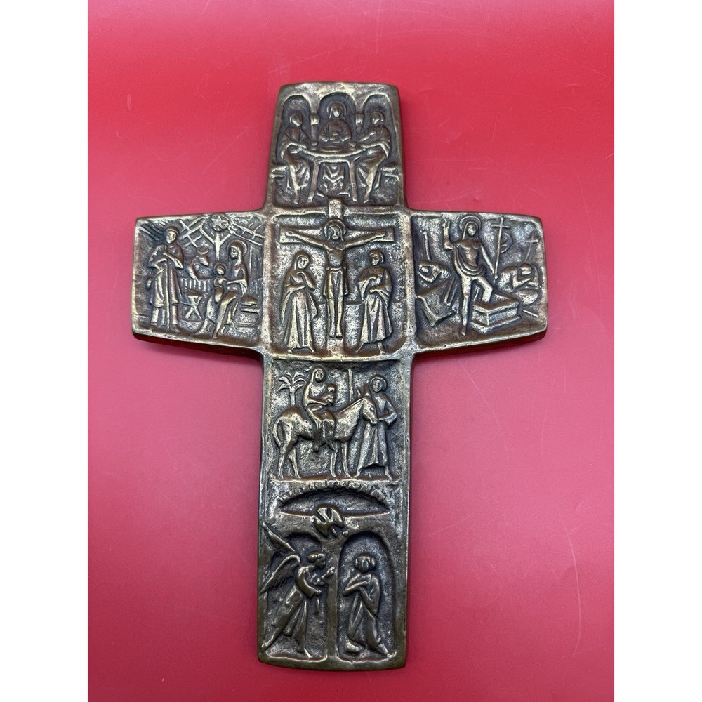 Vintage Crucifix Brass/ Bronze Relief Mid Century Cross Germany